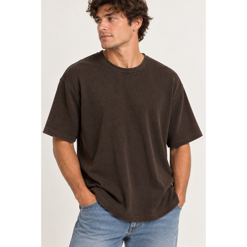 Old Navy Mens XL Brown Ribbed Cotton Short Sleeve T-Shirt Crew Neck Relaxed Fit